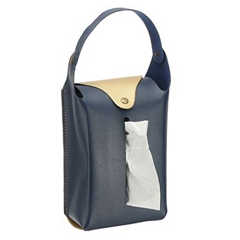 Faux Leather Tissue Box Cover, Rectangular PU Tissue Holder Bag with Button and Detachable Handle