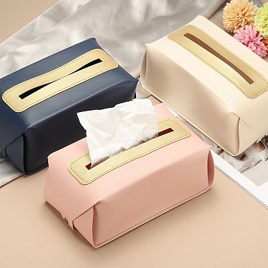 Faux Leather Tissue Box Cover, Rectangular PU Tissue Holder Bag with Button for Home/Bathroom/Car