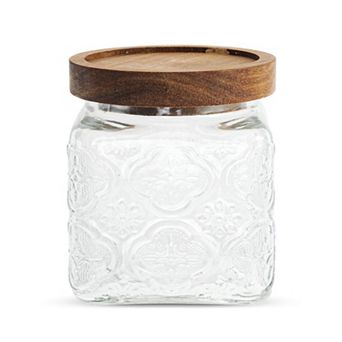 16.91oz Durable Flower Pattern Decorative Glass Jar with Lid 1 pc Clear Wood Color