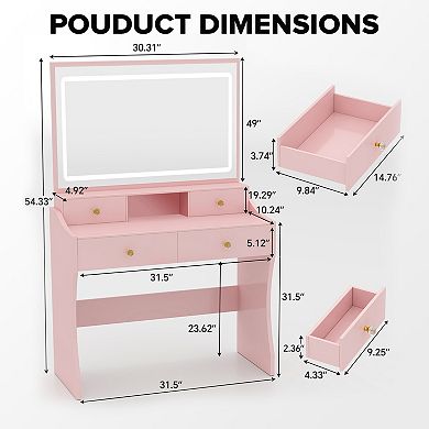 Makeup Vanity Desk with Mirror, Lights, Chair Set with 5 Drawers and Charging Station