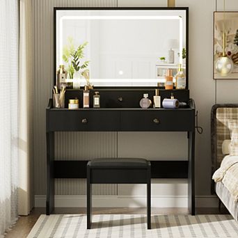 Makeup Vanity Desk with Mirror, Lights, Chair Set with 5 Drawers and Charging Station