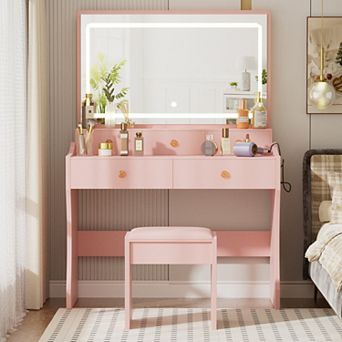 Makeup Vanity Desk with Mirror, Lights, Chair Set with 5 Drawers and Charging Station