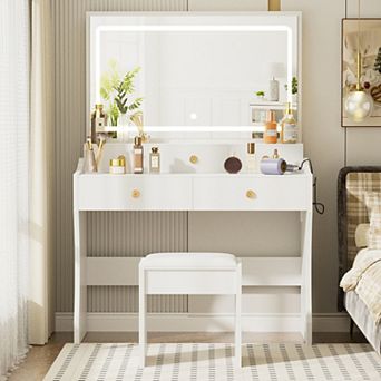 Makeup Vanity Desk with Mirror, Lights, Chair Set with 5 Drawers and Charging Station