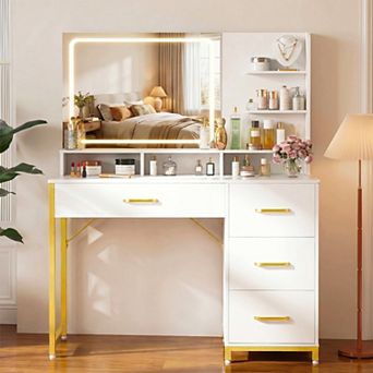 White Vanity Desk with Mirror and Lights, 4 Drawers & Storage Shelves