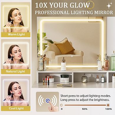 White Vanity Desk with Mirror and Lights, 4 Drawers & Storage Shelves