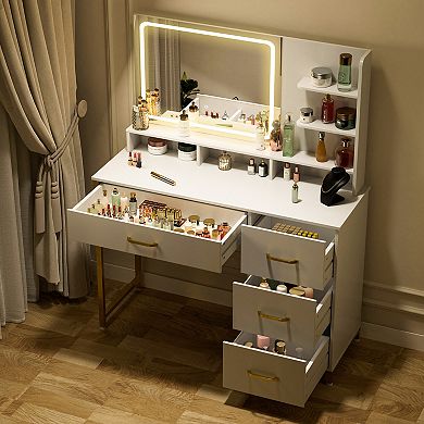 White Vanity Desk with Mirror and Lights, 4 Drawers & Storage Shelves
