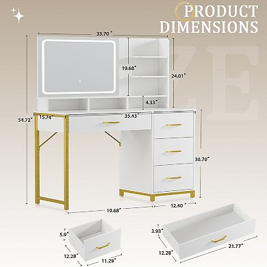 White Vanity Desk with Mirror and Lights, 4 Drawers & Storage Shelves