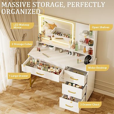 White Vanity Desk with Mirror and Lights, 4 Drawers & Storage Shelves