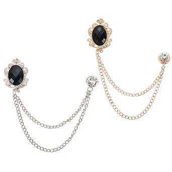 2 pc Gem Hanging Chain Brooch Pins, Rhinestone