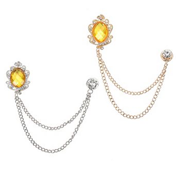 2 pc Gem Hanging Chain Brooch Pins, Rhinestone