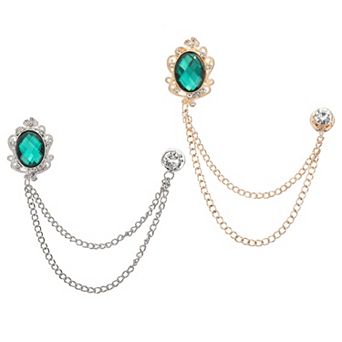 2 pc Gem Hanging Chain Brooch Pins, Rhinestone