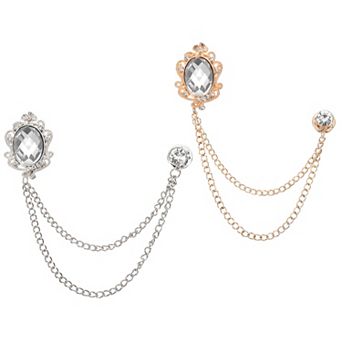 2 pc Gem Hanging Chain Brooch Pins, Rhinestone