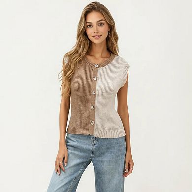 Women's Sleeveless Colorblock Knit Vest with Button Front and Ribbed Trim