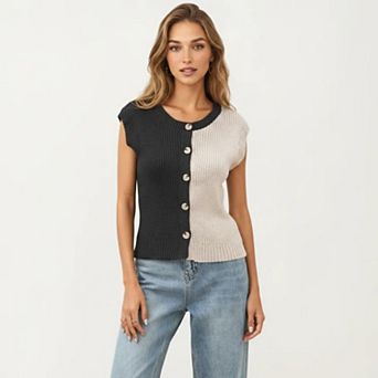 Women's Sleeveless Colorblock Knit Vest with Button Front and Ribbed Trim