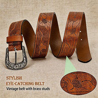 Vintage Western Engraved Buckle Cowboy Belt for Men Women