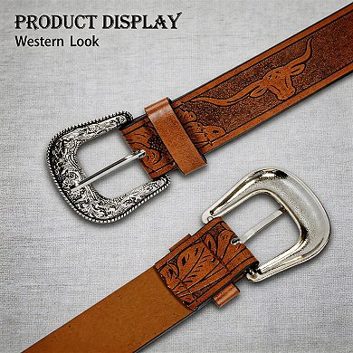 Vintage Western Engraved Buckle Cowboy Belt for Men Women