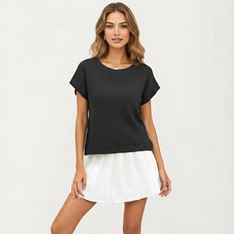 Women's Short Sleeve Textured Knit Top with Crew Neck Ribbed Trim and Relaxed Fit