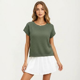Women's Short Sleeve Textured Knit Top with Crew Neck Ribbed Trim and Relaxed Fit