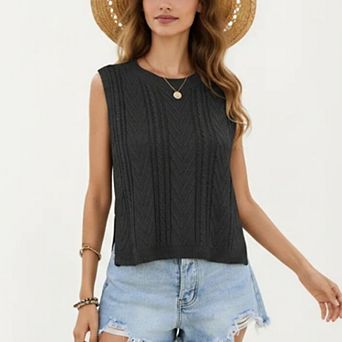 Women's Sleeveless Cable Knit Top with Crew Neck and Ribbed Hem