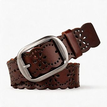 Womens Hollow Flower Genuine Leather Wide Belt