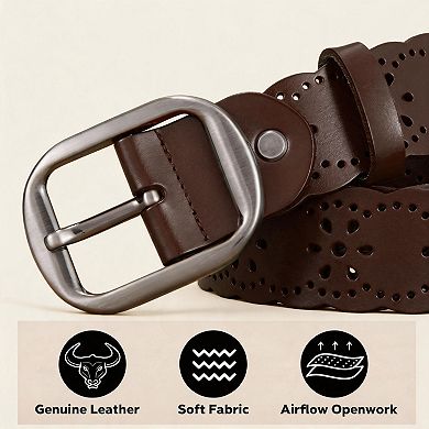 Womens Hollow Flower Genuine Leather Wide Belt