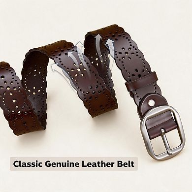 Womens Hollow Flower Genuine Leather Wide Belt