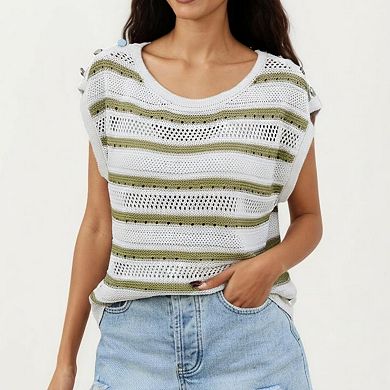 Women's Short Sleeve Striped Open Knit Top with Button Shoulder Detail and Relaxed Fit