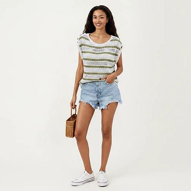 Women's Short Sleeve Striped Open Knit Top with Button Shoulder Detail and Relaxed Fit