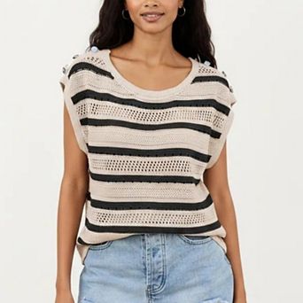 Women's Short Sleeve Striped Open Knit Top with Button Shoulder Detail and Relaxed Fit