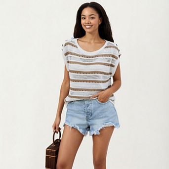Women's Short Sleeve Striped Open Knit Top with Button Shoulder Detail and Relaxed Fit