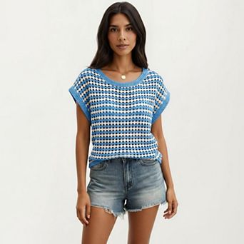 Women's Short Sleeve Striped Crochet Knit Top with Open Stitch Texture and Relaxed Fit