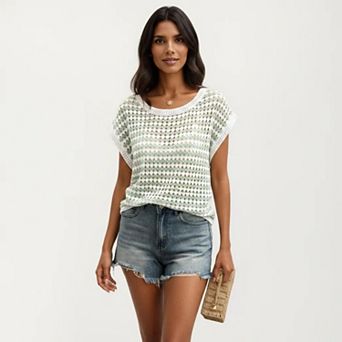 Women's Short Sleeve Striped Crochet Knit Top with Open Stitch Texture and Relaxed Fit
