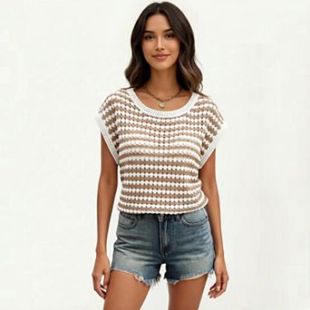 Women's Short Sleeve Striped Crochet Knit Top with Open Stitch Texture and Relaxed Fit