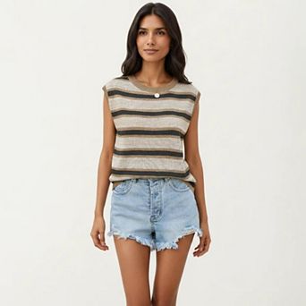 Women's Sleeveless Striped Knit Top with Shoulder Button Detail and Relaxed Fit
