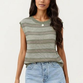 Women's Sleeveless Striped Knit Top with Shoulder Button Detail and Relaxed Fit