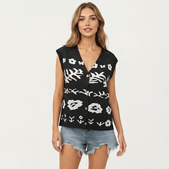 Women's Sleeveless Floral Knit Vest Top with V-Neck Front and Button DetailNeck Front Button Detail