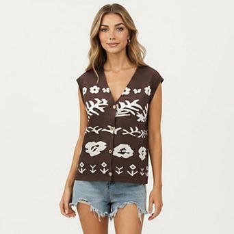 Women's Sleeveless Floral Knit Vest Top with V-Neck Front and Button DetailNeck Front Button Detail