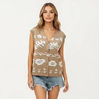 Women's Sleeveless Floral Knit Vest Top with V-Neck Front and Button DetailNeck Front Button Detail