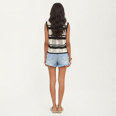 Women's Sleeveless Striped Crochet Knit Vest with Tie Front and Open Stitch Design