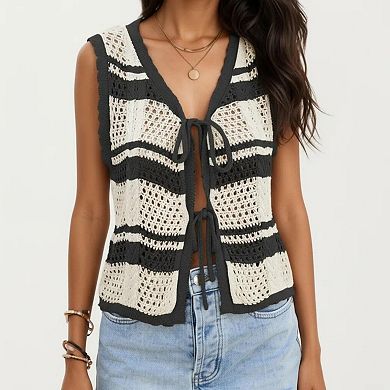 Women's Sleeveless Striped Crochet Knit Vest with Tie Front and Open Stitch Design