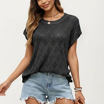 Women's Short Sleeve Knit Top with Floral Eyelet Pattern and Ribbed Crew Neck