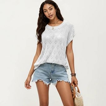 Women's Short Sleeve Knit Top with Floral Eyelet Pattern and Ribbed Crew Neck