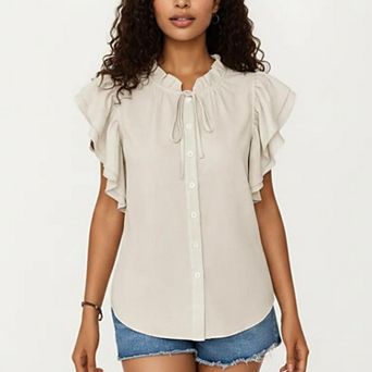 Women's Ruffle Flutter Sleeve Button Down Blouse with Tie Neck