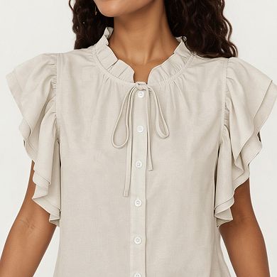 Women's Ruffle Flutter Sleeve Button Down Blouse with Tie Neck