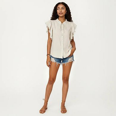 Women's Ruffle Flutter Sleeve Button Down Blouse with Tie Neck