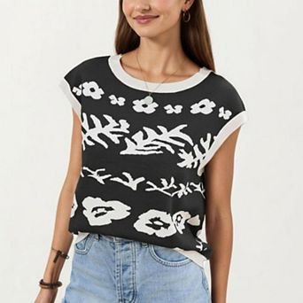 Women's Sleeveless Floral Knit Vest Top with Crew Neck and Contrast Trim