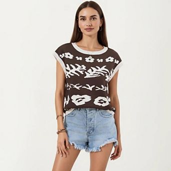 Women's Sleeveless Floral Knit Vest Top with Crew Neck and Contrast Trim