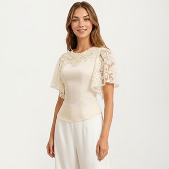 Women's Short Sleeve Blouse with Floral Lace Cape Overlay and Embroidered Neckline