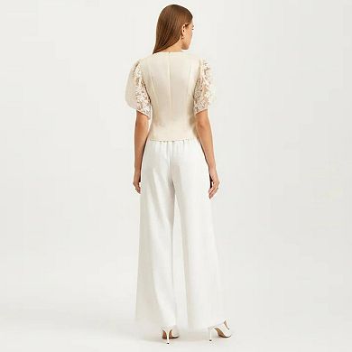 Women's Short Sleeve Blouse with Floral Lace Cape Overlay and Embroidered Neckline