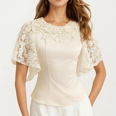 Women's Short Sleeve Blouse with Floral Lace Cape Overlay and Embroidered Neckline